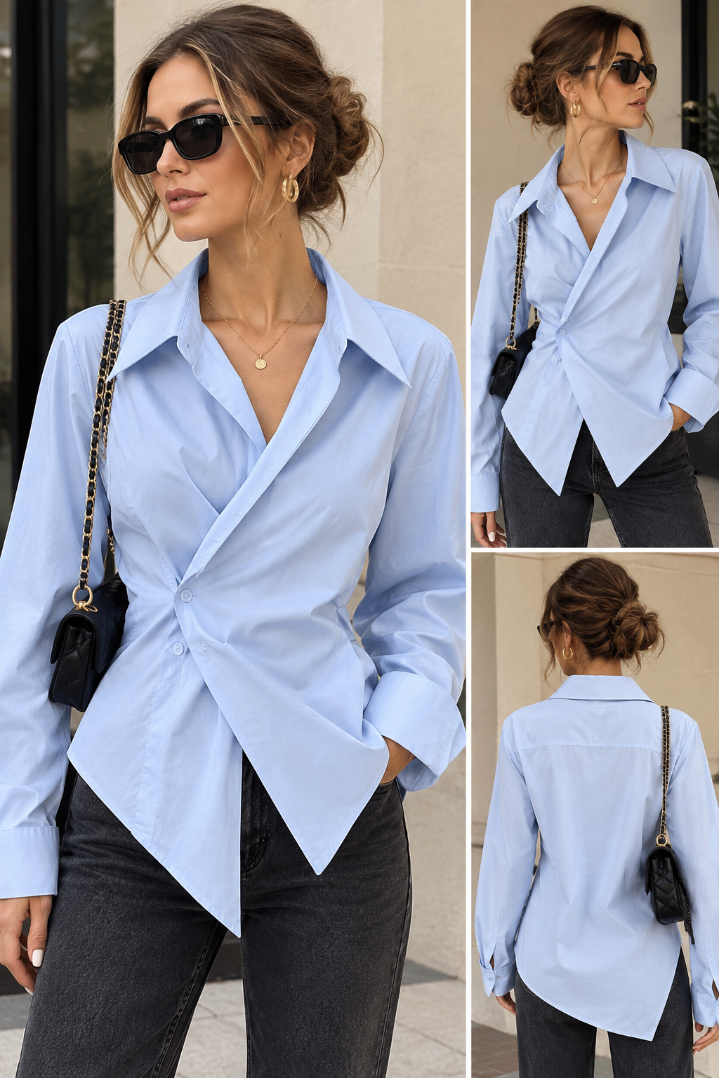 Women's White Irregular Polo Shirt Long Sleeve Elegant Casual Blouse