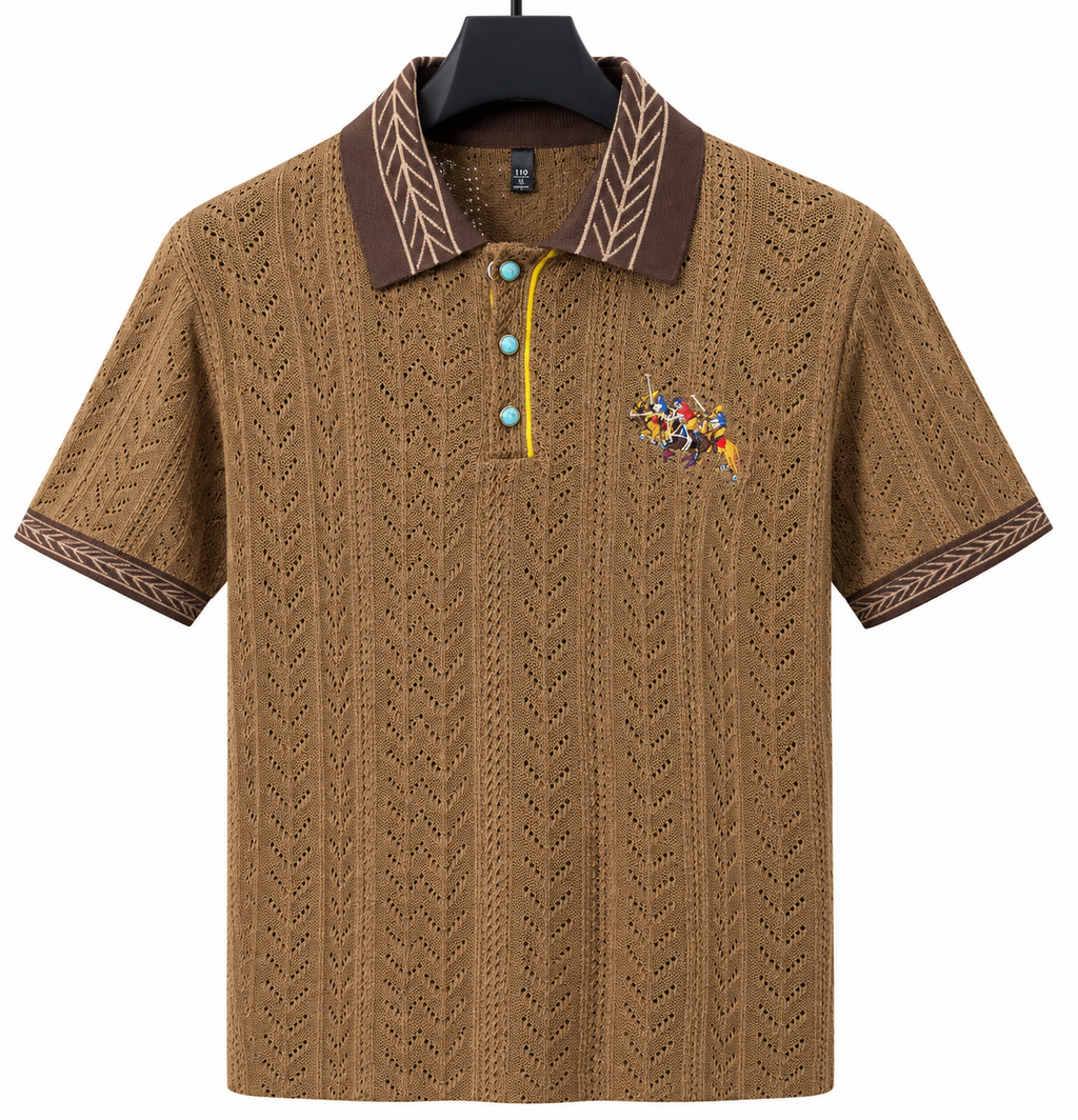 Men's Luxury Jacquard Knit Polo Shirt Short Sleeve Embroidered Lapel Summer Top
