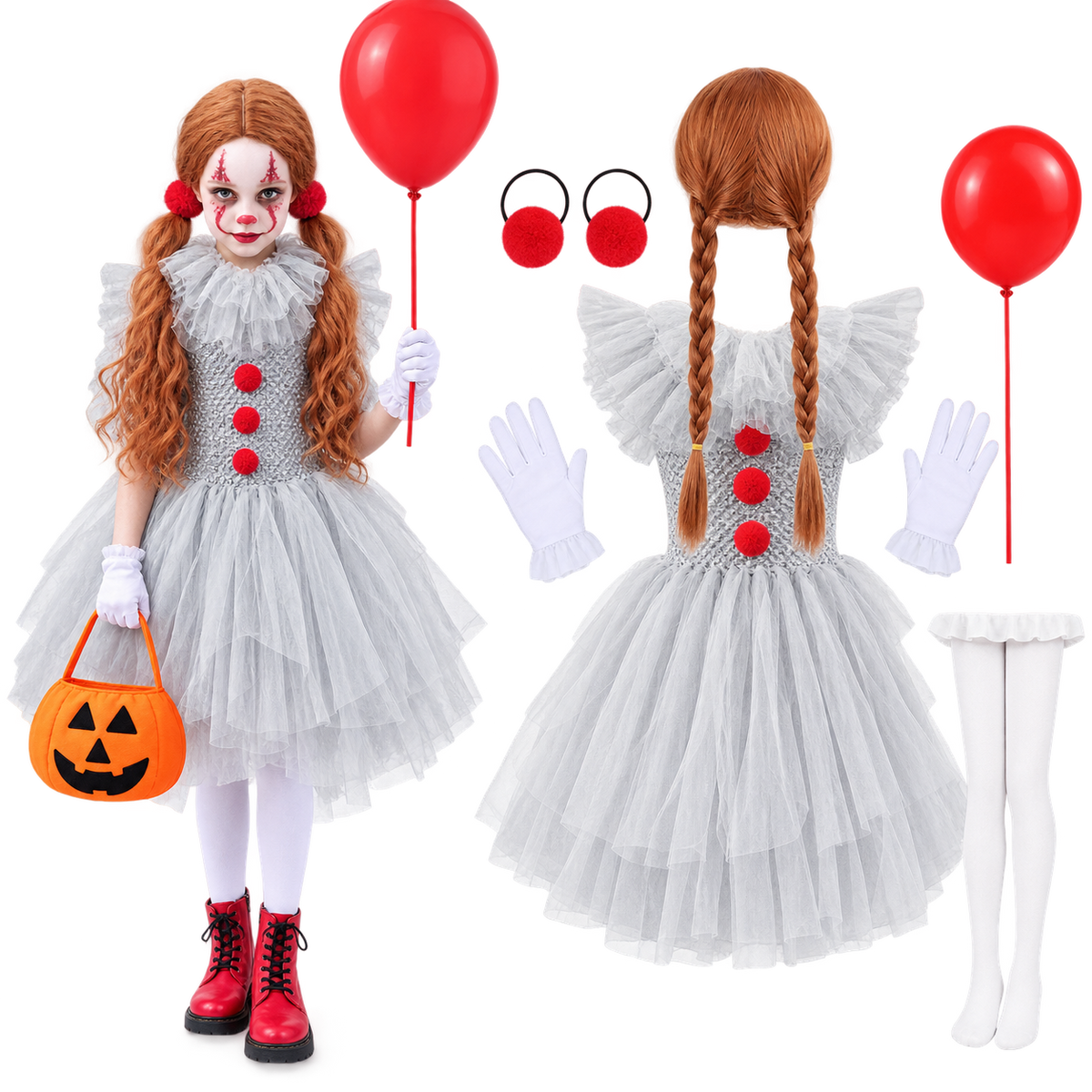 Girls Halloween Joker Clown Costume Gray Tulle Tutu Dress Kids Cosplay Party