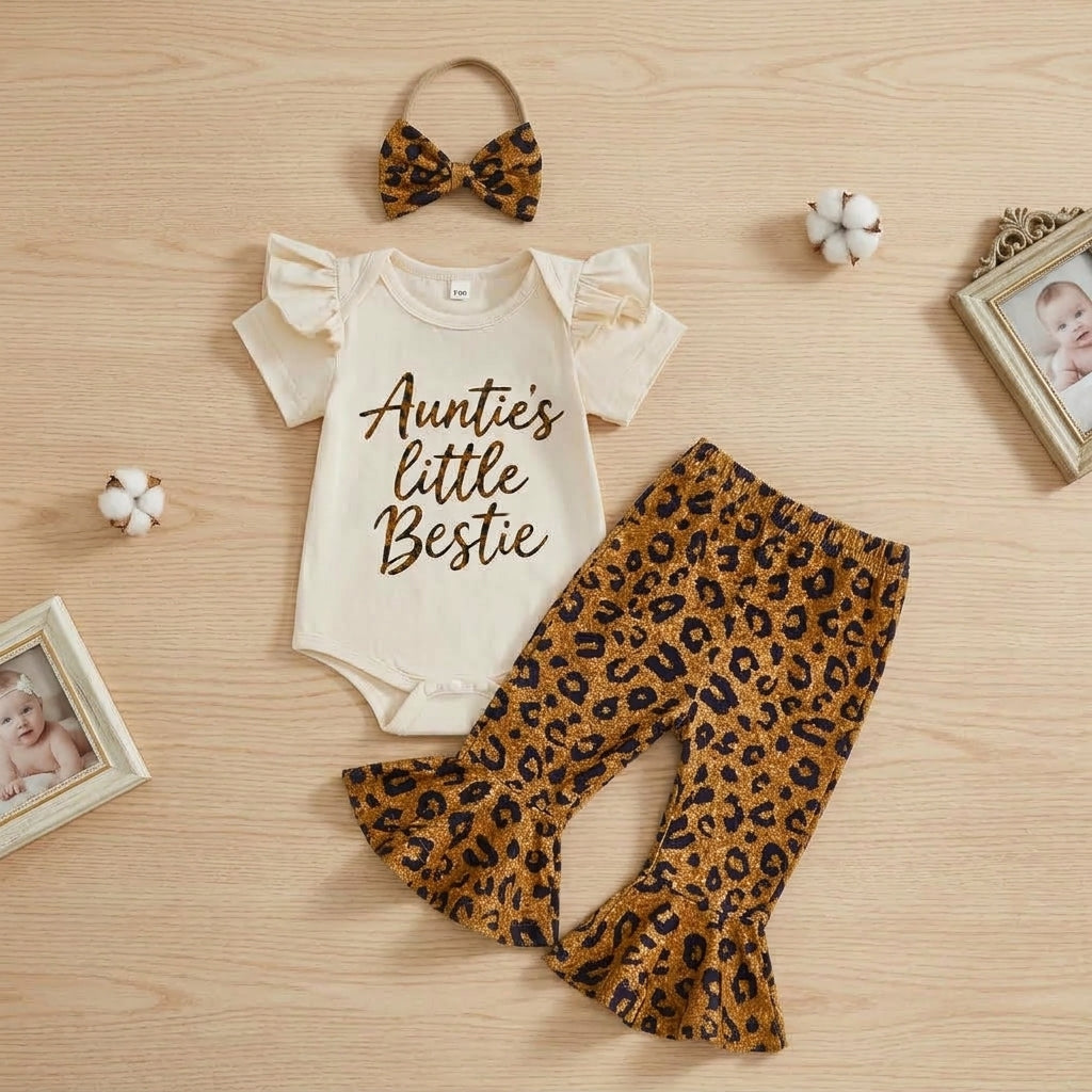 Baby Girl Leopard Outfit Set, Letter Romper, Flare Pants & Bow Headband
