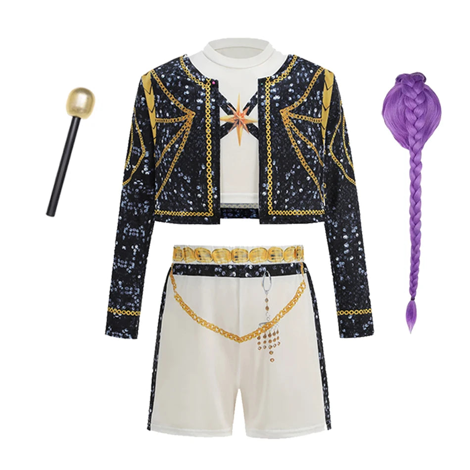 Girls Halloween Pop Singer Costume 3-Piece Set, Stage Performance & Party Dress