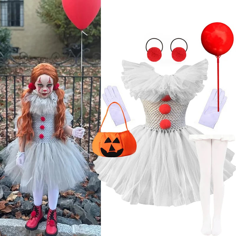 Girls Halloween Joker Clown Costume Gray Tulle Tutu Dress Kids Cosplay Party