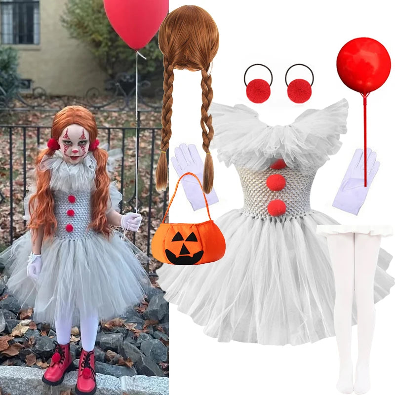 Girls Halloween Joker Clown Costume Gray Tulle Tutu Dress Kids Cosplay Party