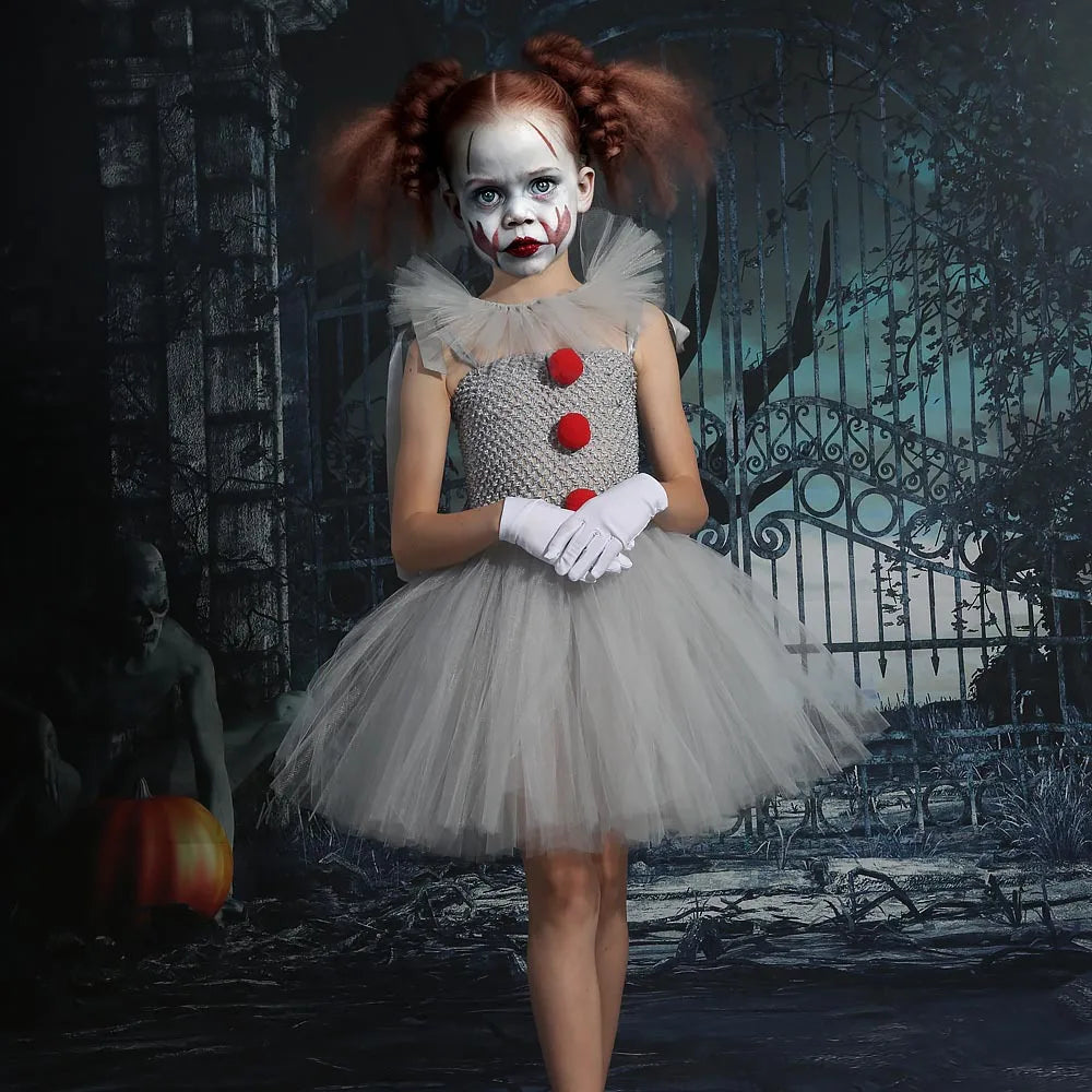 Girls Halloween Joker Clown Costume Gray Tulle Tutu Dress Kids Cosplay Party