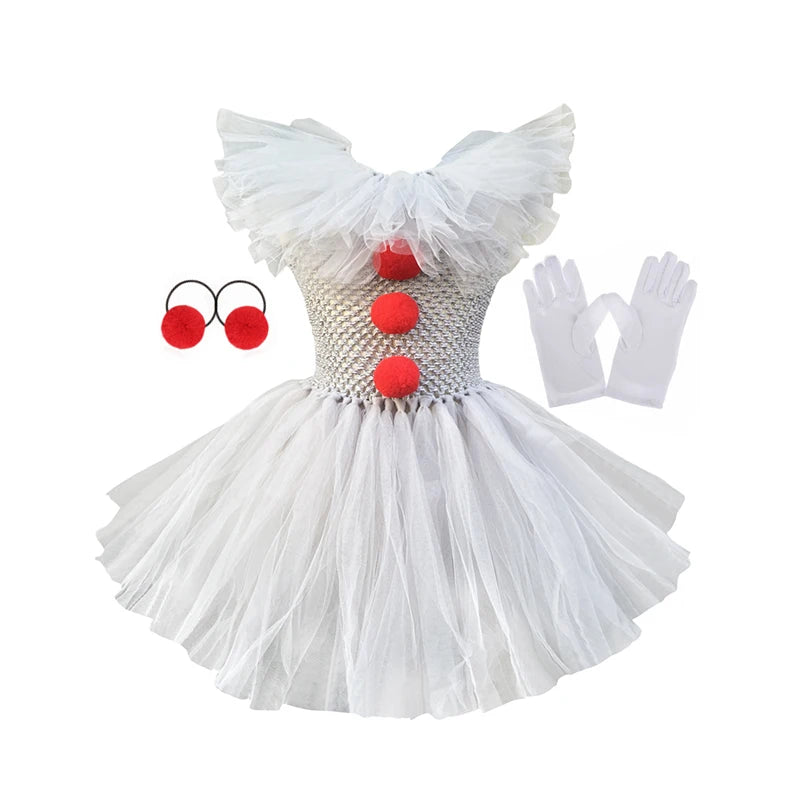 Girls Halloween Joker Clown Costume Gray Tulle Tutu Dress Kids Cosplay Party