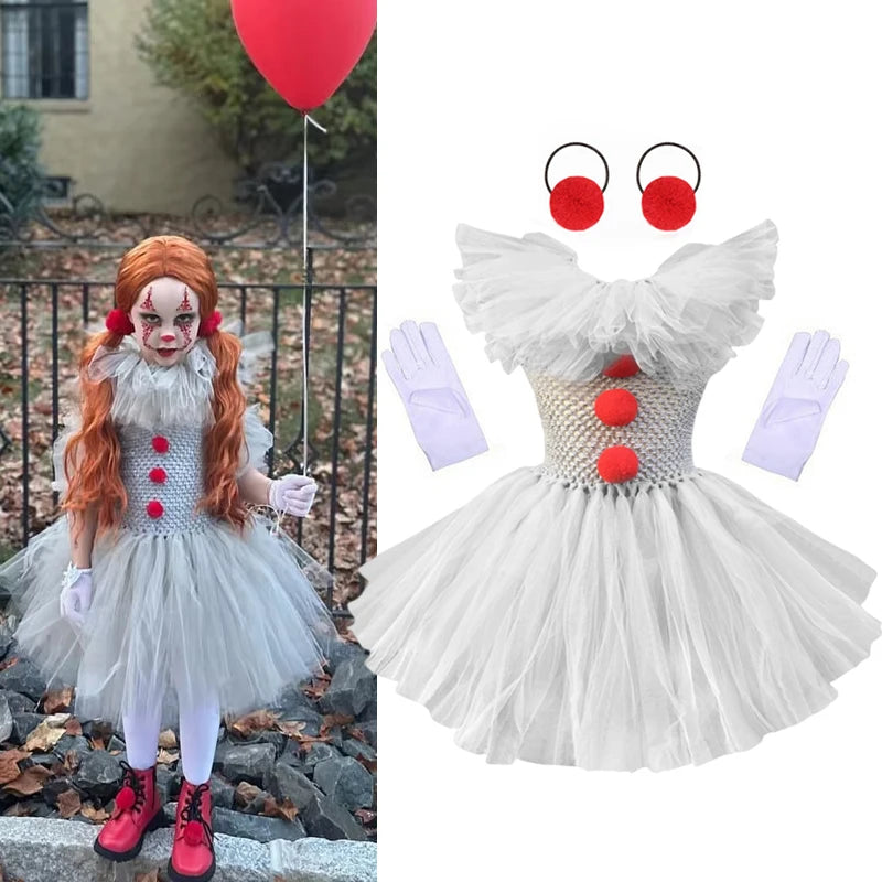 Girls Halloween Joker Clown Costume Gray Tulle Tutu Dress Kids Cosplay Party