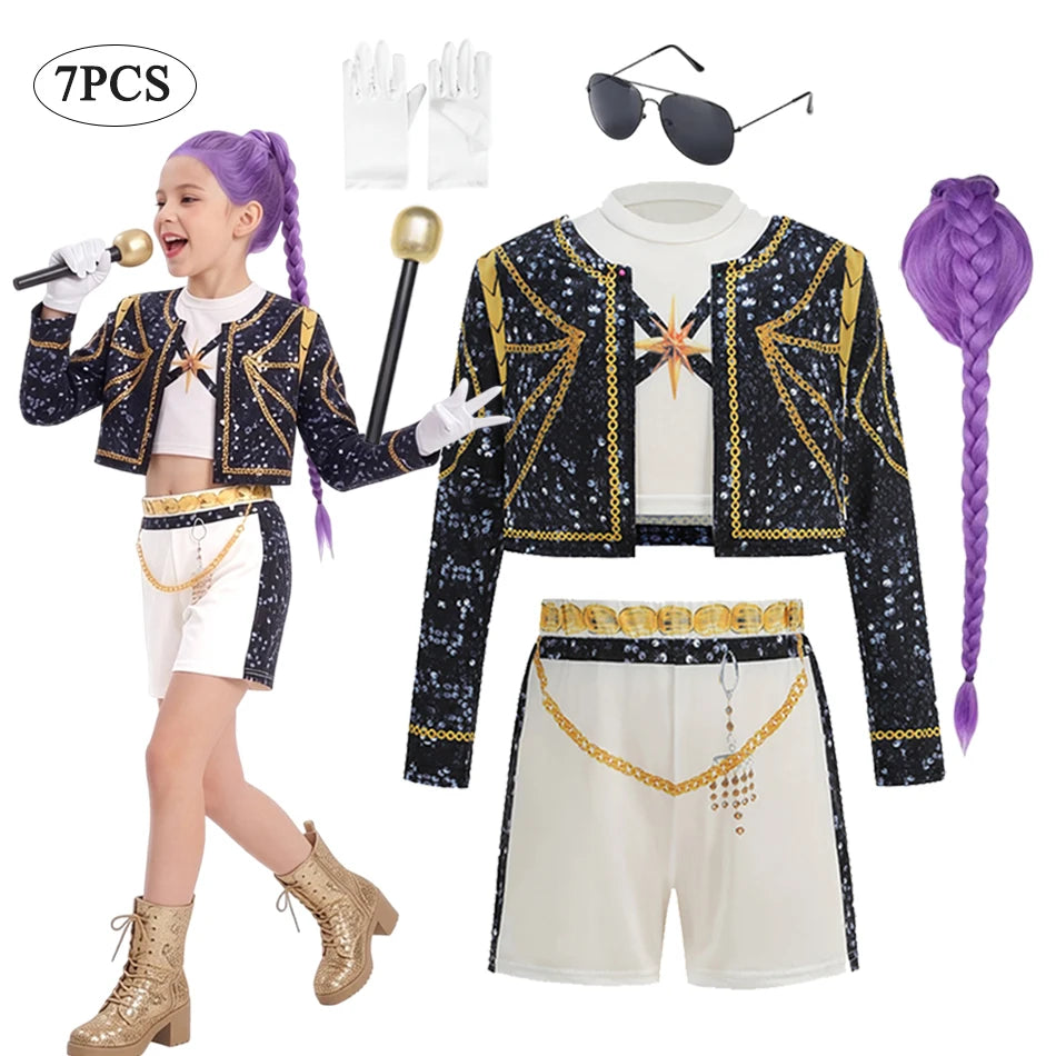Girls Halloween Pop Singer Costume 3-Piece Set, Stage Performance & Party Dress
