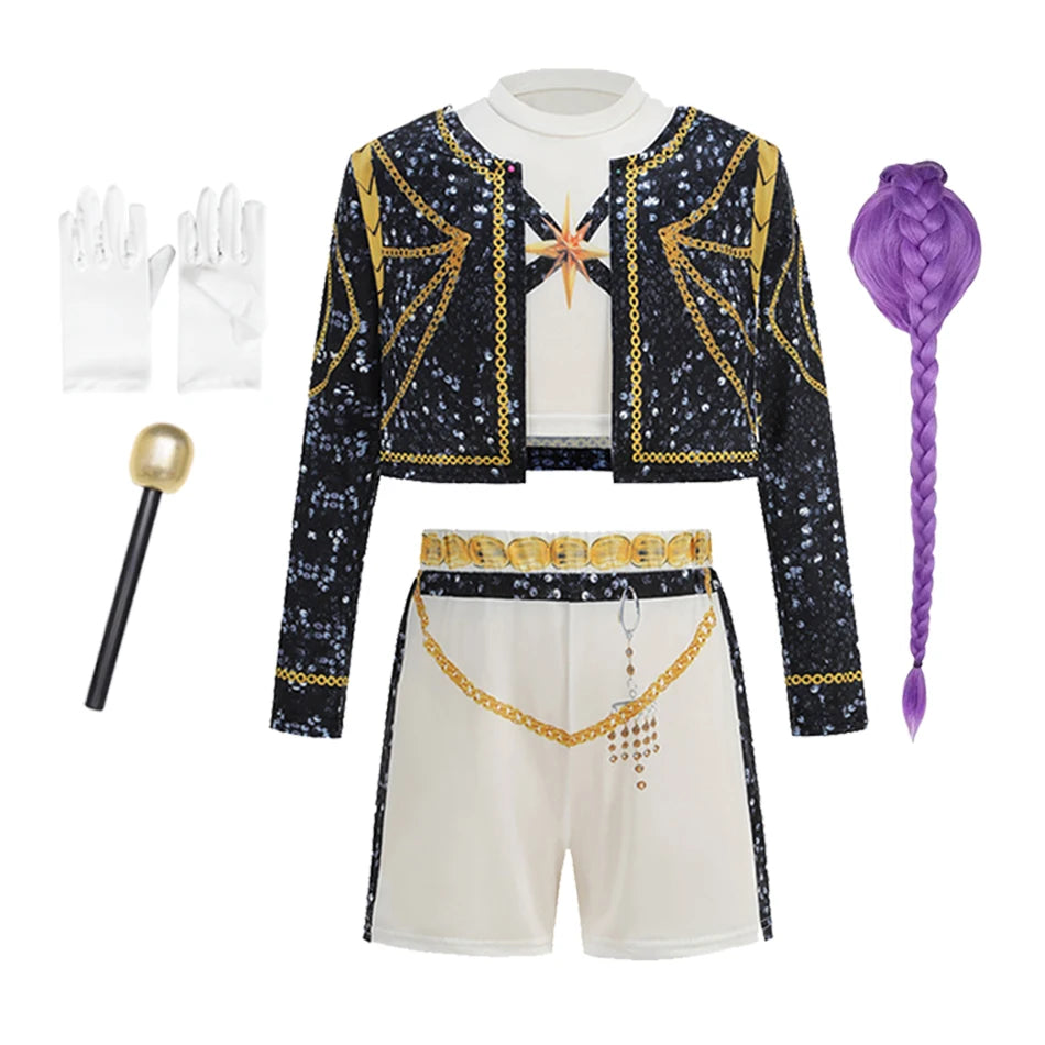 Girls Halloween Pop Singer Costume 3-Piece Set, Stage Performance & Party Dress