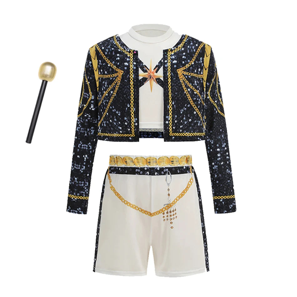 Girls Halloween Pop Singer Costume 3-Piece Set, Stage Performance & Party Dress