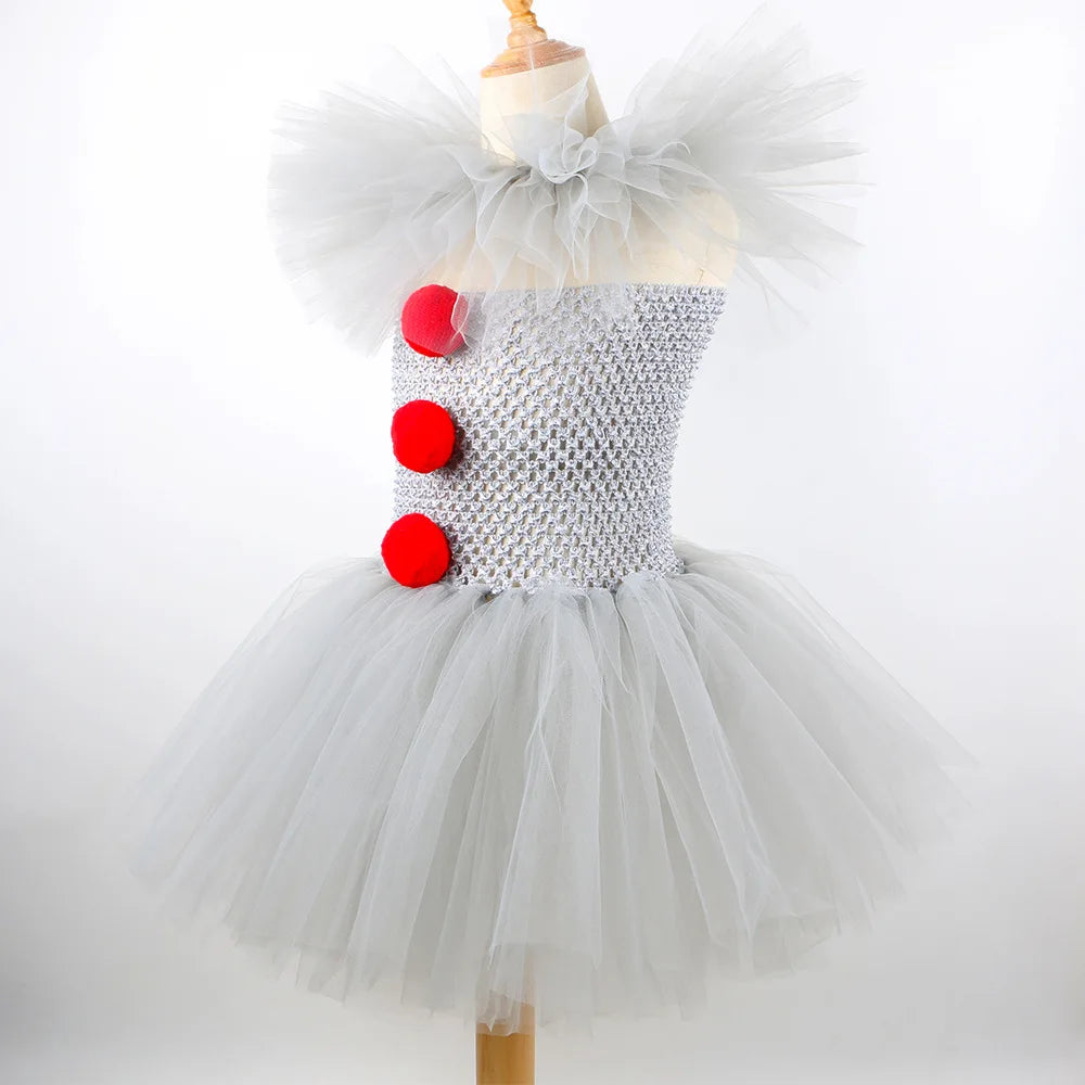 Girls Halloween Joker Clown Costume Gray Tulle Tutu Dress Kids Cosplay Party