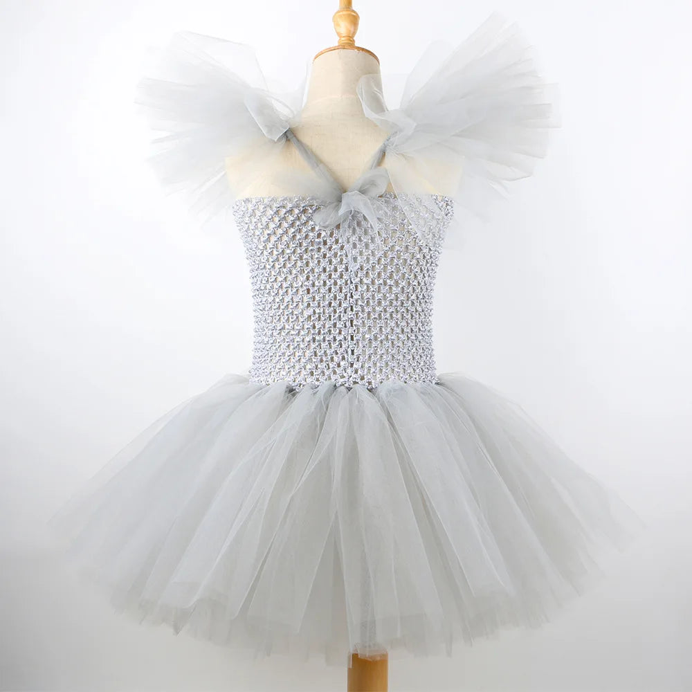 Girls Halloween Joker Clown Costume Gray Tulle Tutu Dress Kids Cosplay Party