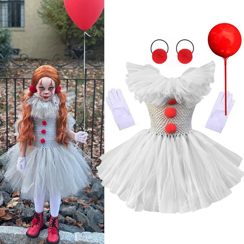 Girls Halloween Joker Clown Costume Gray Tulle Tutu Dress Kids Cosplay Party