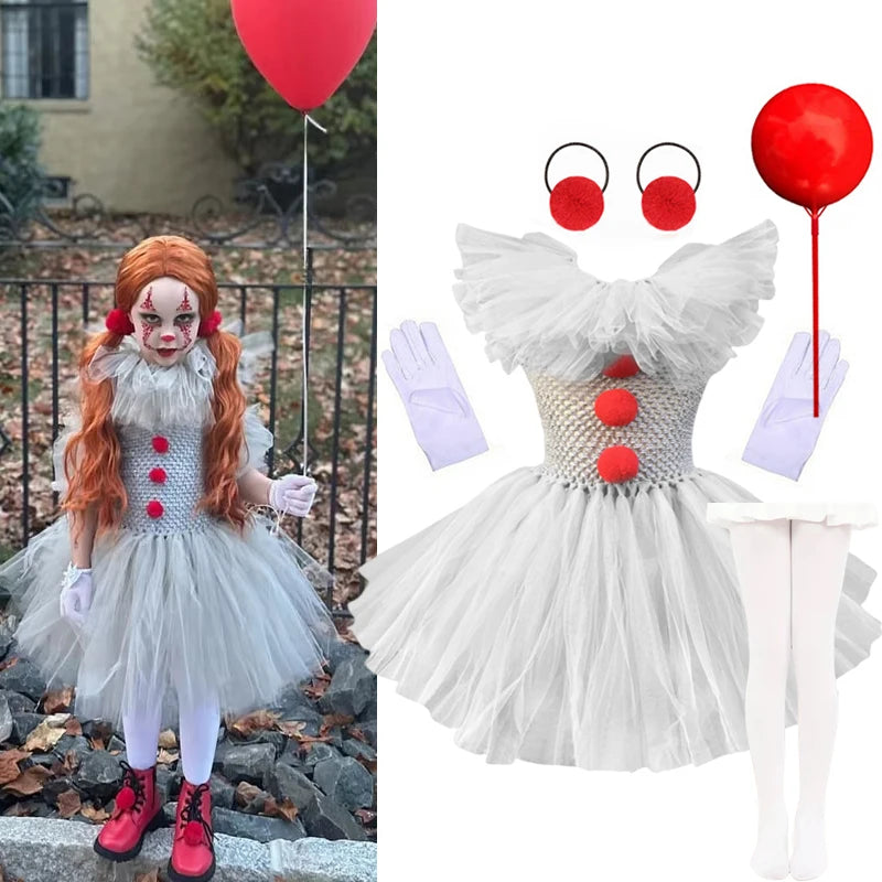 Girls Halloween Joker Clown Costume Gray Tulle Tutu Dress Kids Cosplay Party