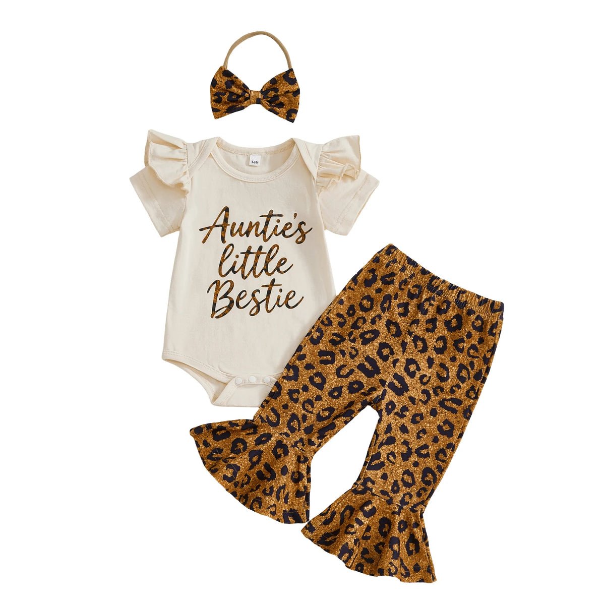 Baby Girl Leopard Outfit Set, Letter Romper, Flare Pants & Bow Headband