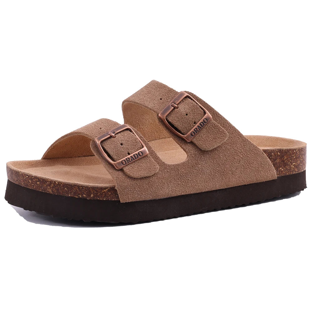 Unisex Brown Suede Cork Sandals, Double Buckle Flat Slides, Casual Summer Shoes