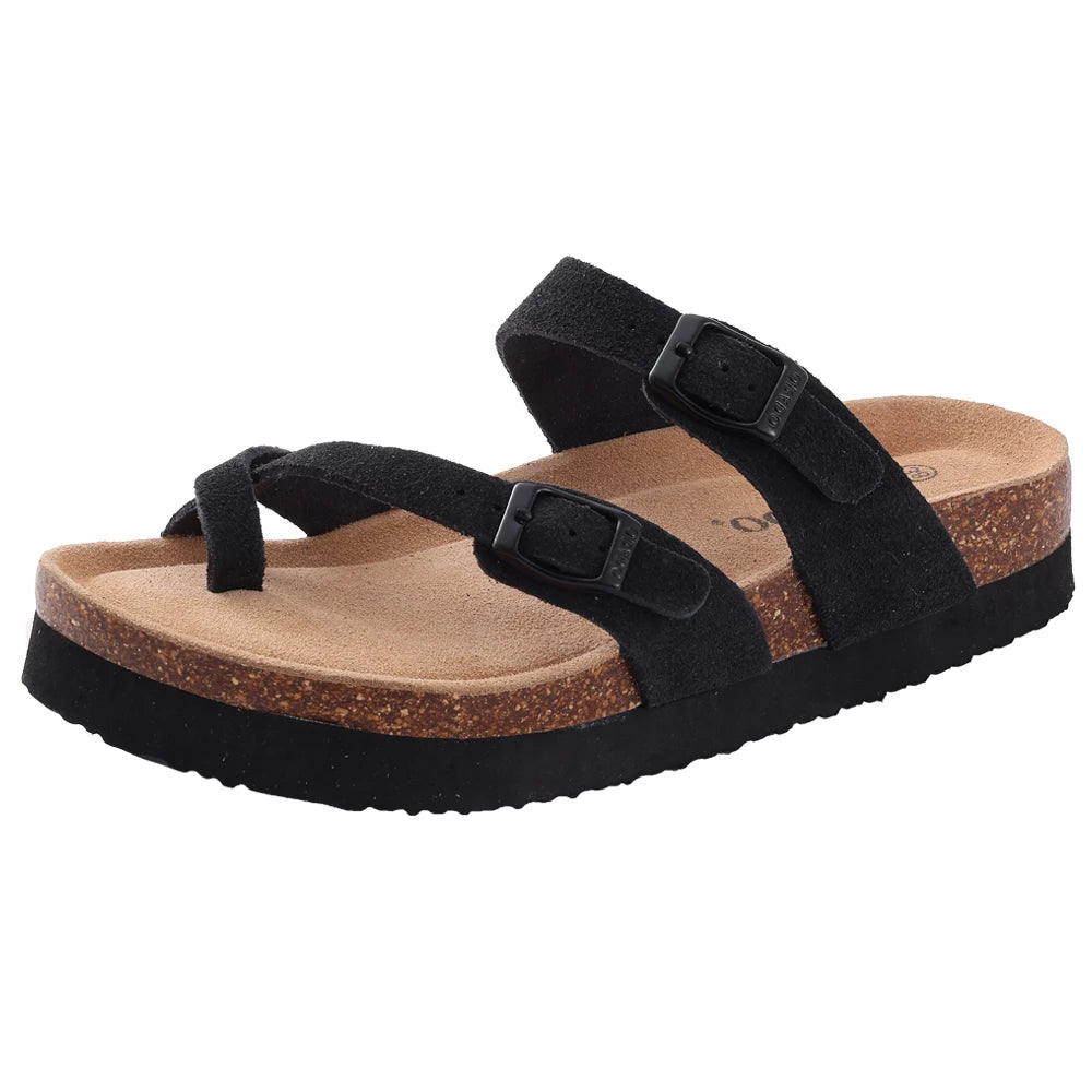 Unisex Brown Suede Cork Sandals, Double Buckle Flat Slides, Casual Summer Shoes