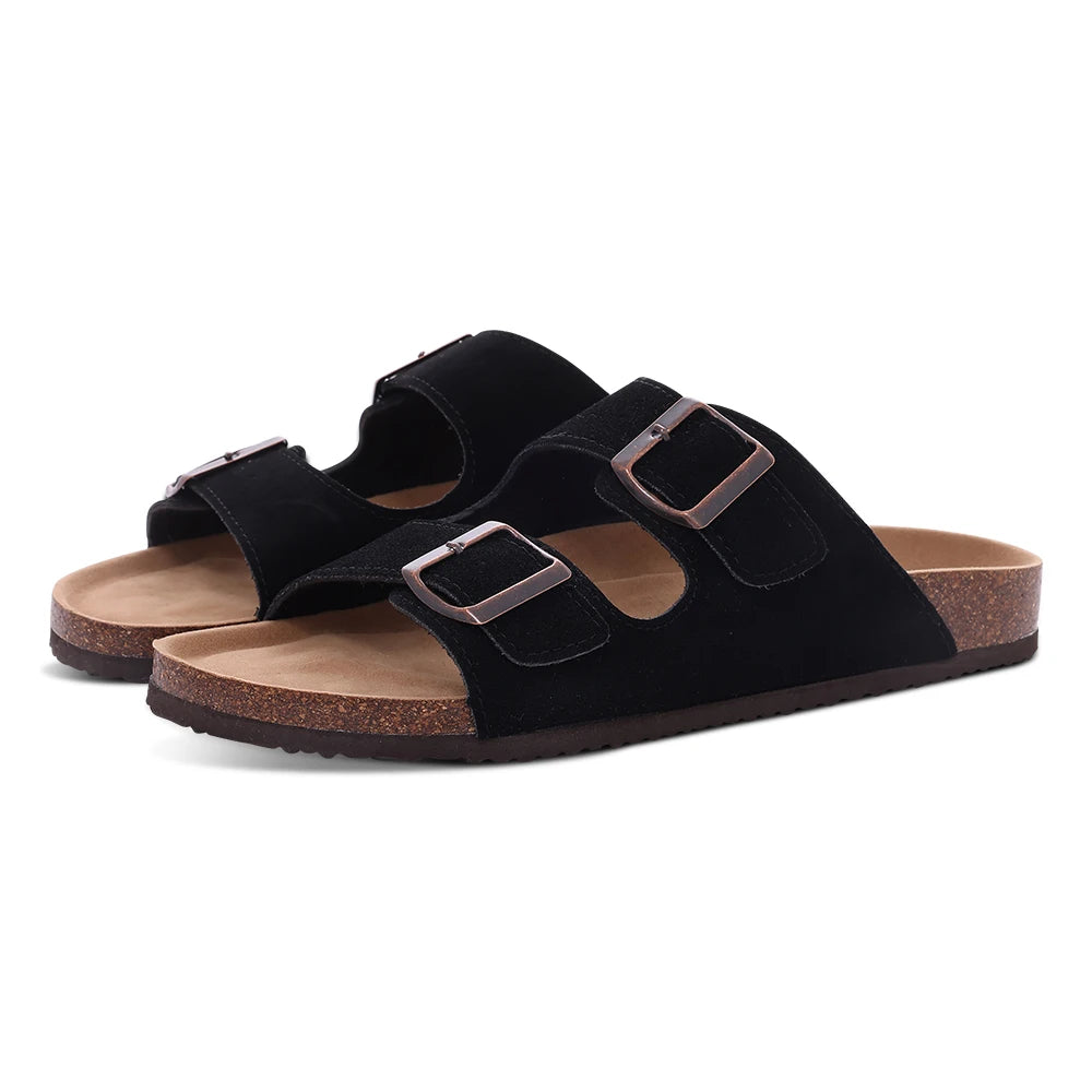 Unisex Brown Suede Cork Sandals, Double Buckle Flat Slides, Casual Summer Shoes