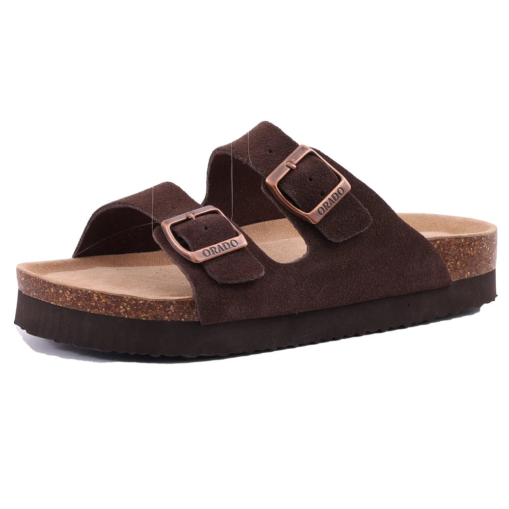Unisex Brown Suede Cork Sandals, Double Buckle Flat Slides, Casual Summer Shoes