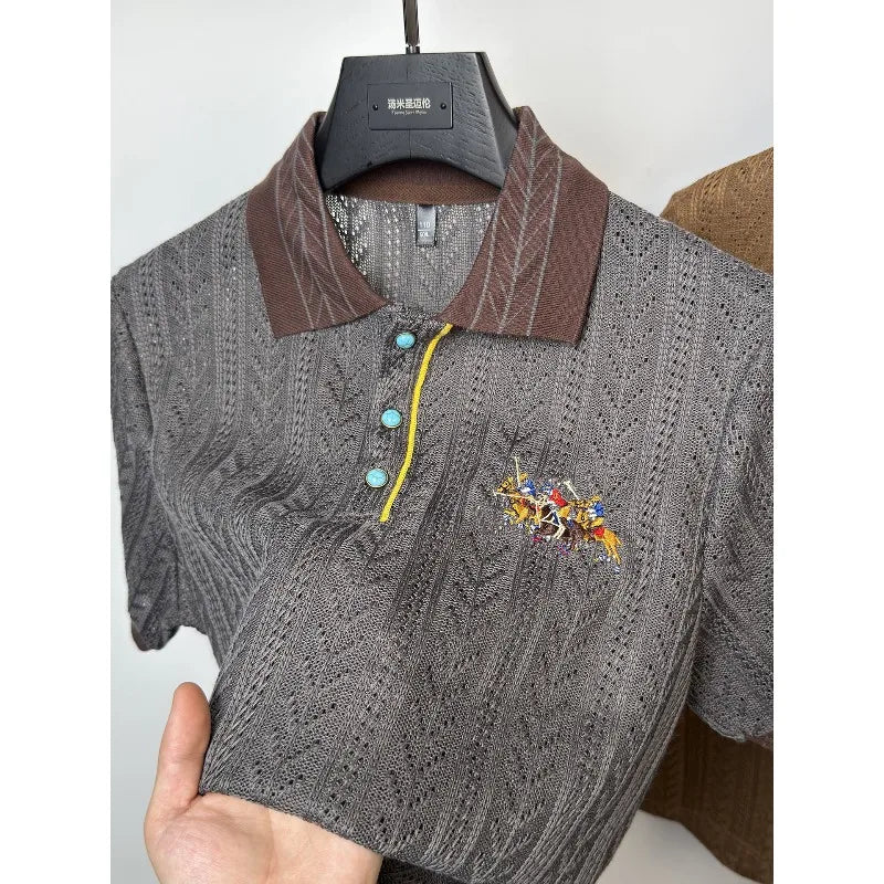 Men's Luxury Jacquard Knit Polo Shirt Short Sleeve Embroidered Lapel Summer Top