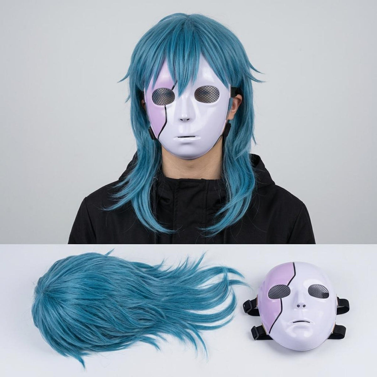 Sally Face Mask with Blue Wig – Sal Fisher Cosplay Costume Halloween Party