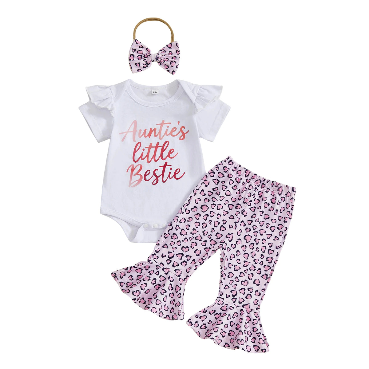 Baby Girl Leopard Outfit Set, Letter Romper, Flare Pants & Bow Headband