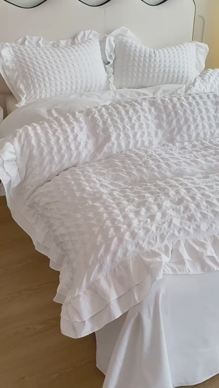 Lace Seersucker Duvet Cover Set with 2 Pillowcases Soft Bedding Set for Bedroom