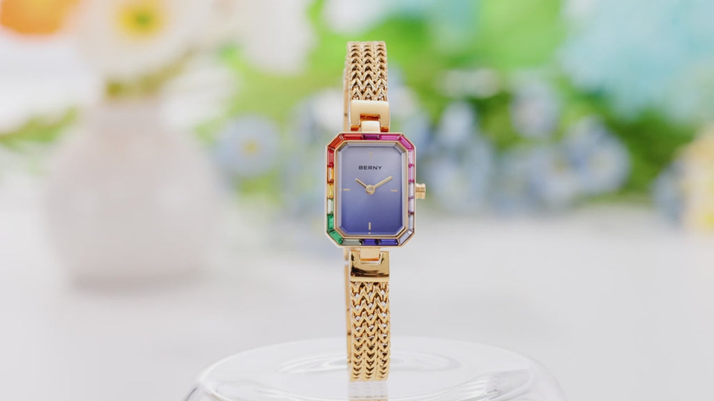 Women’s Gold Rectangle Quartz Watch & Bracelet Set with Multicolor Stones