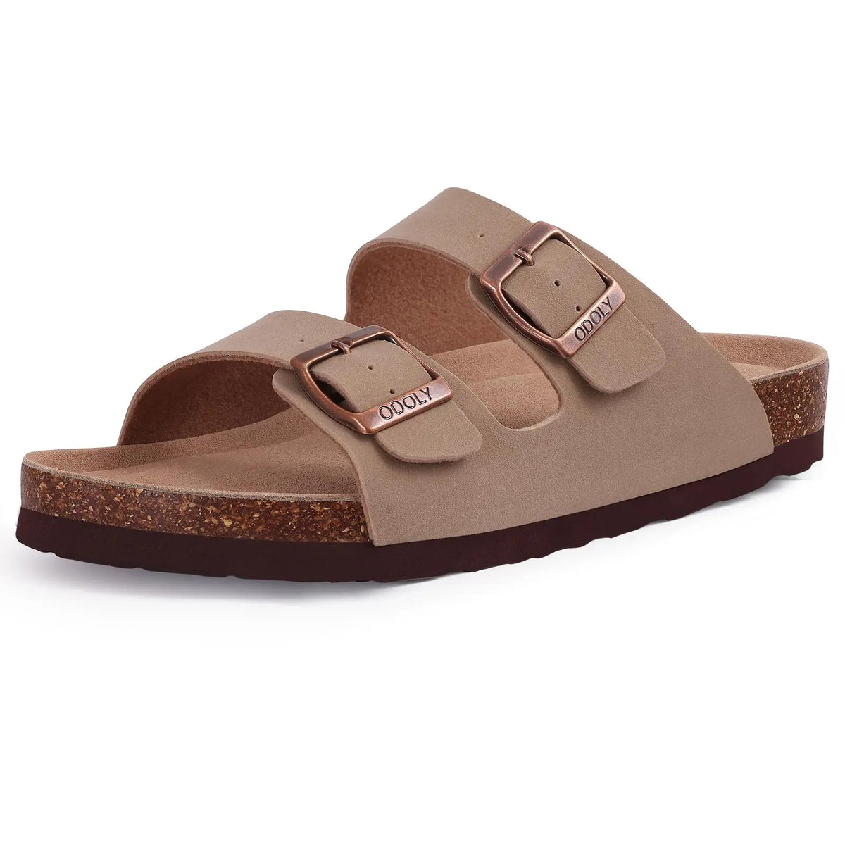 Unisex Brown Suede Cork Sandals, Double Buckle Flat Slides, Casual Summer Shoes