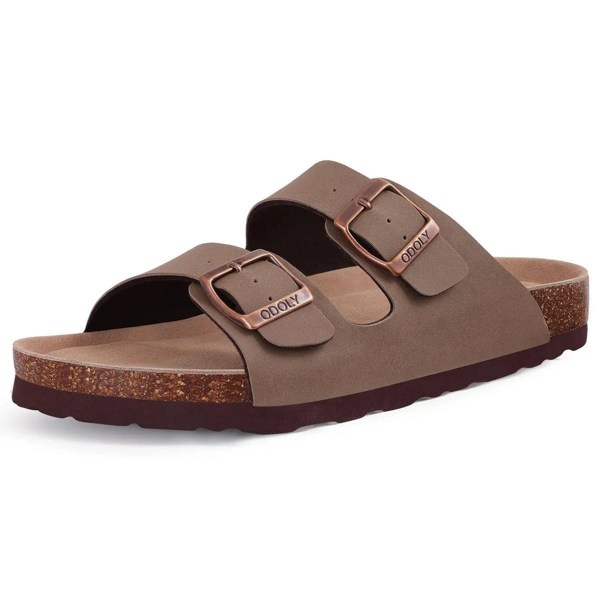 Unisex Brown Suede Cork Sandals, Double Buckle Flat Slides, Casual Summer Shoes