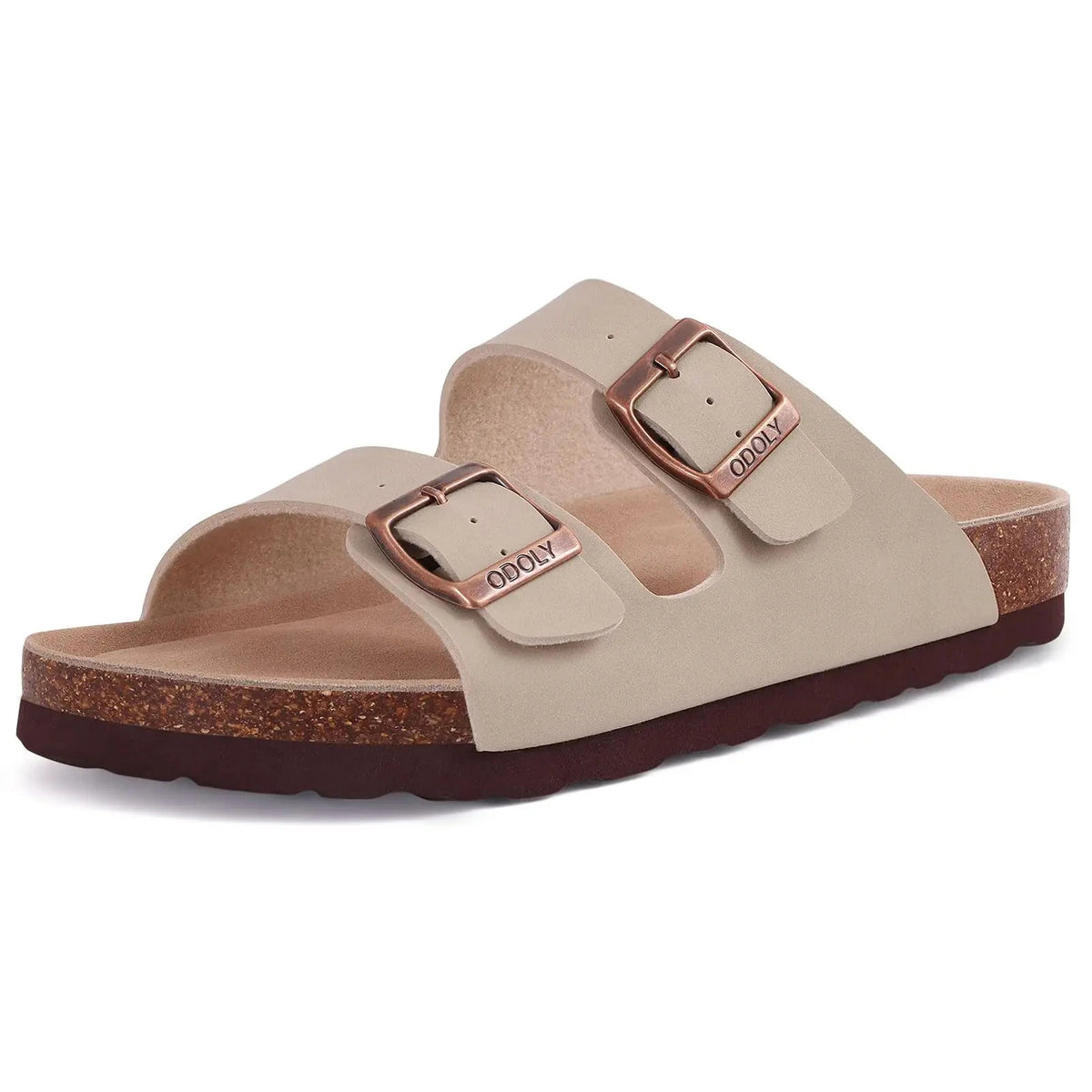 Unisex Brown Suede Cork Sandals, Double Buckle Flat Slides, Casual Summer Shoes
