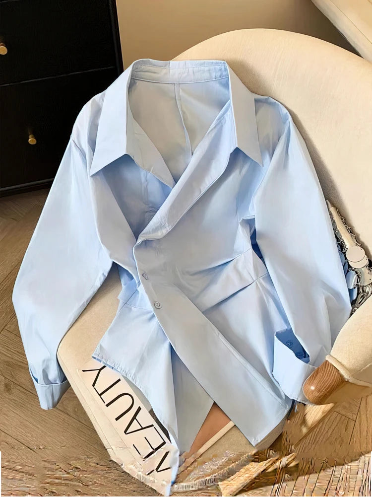 Women's White Irregular Polo Shirt Long Sleeve Elegant Casual Blouse