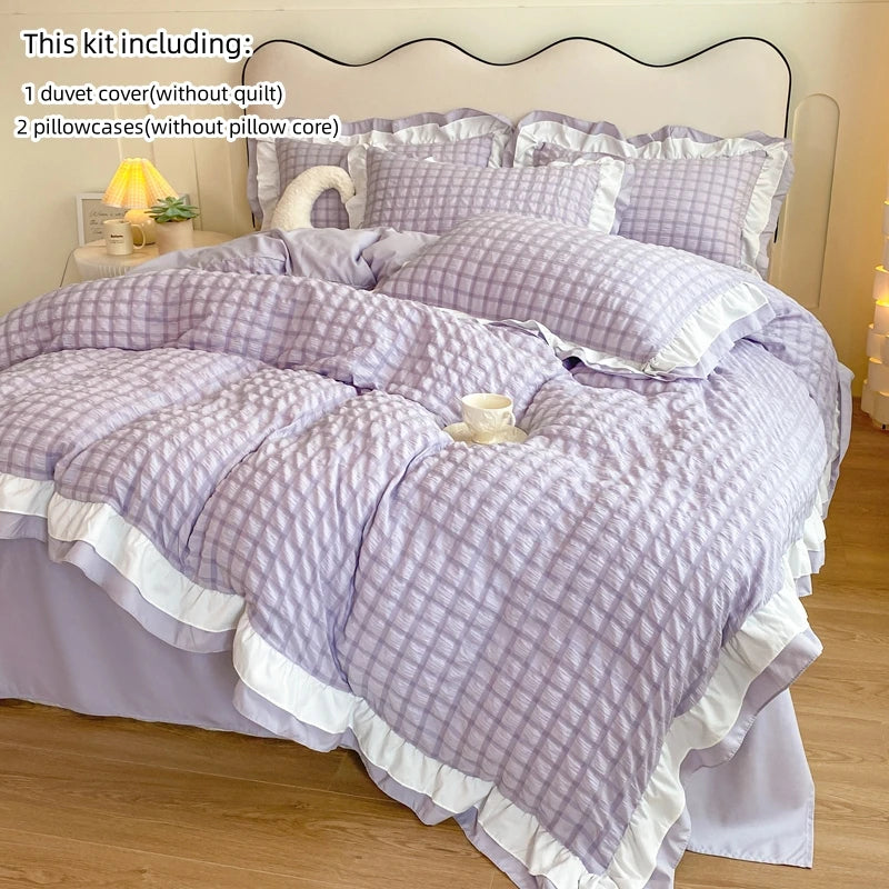 Lace Seersucker Duvet Cover Set with 2 Pillowcases Soft Bedding Set for Bedroom