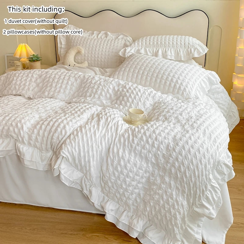 Lace Seersucker Duvet Cover Set with 2 Pillowcases Soft Bedding Set for Bedroom