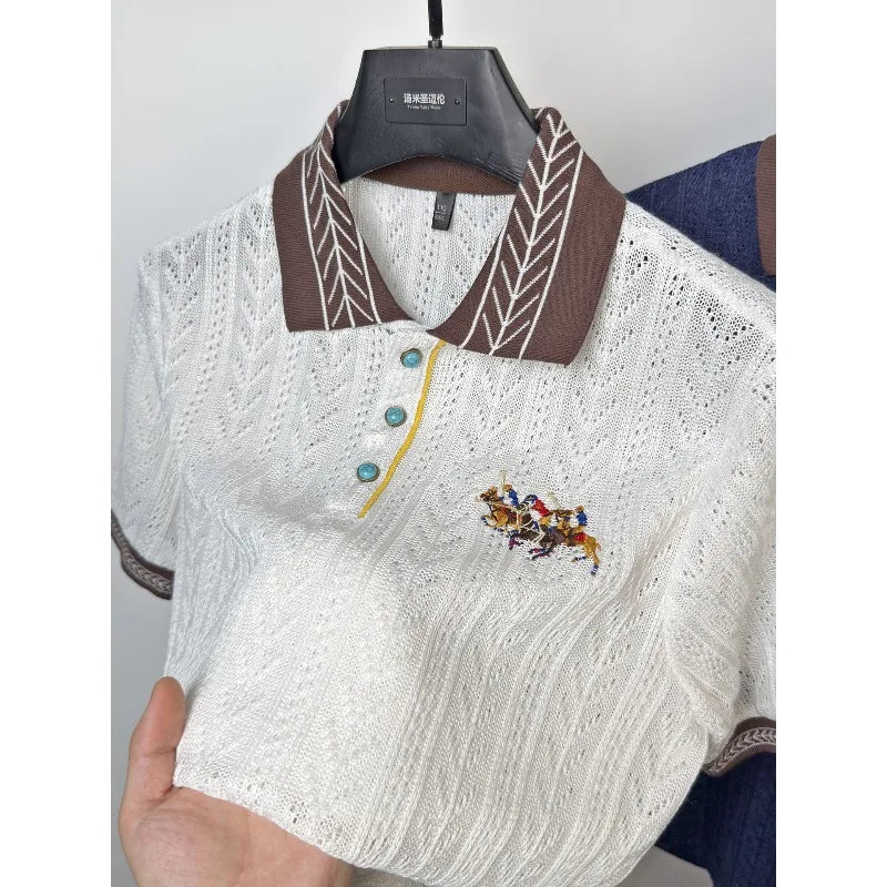Men's Luxury Jacquard Knit Polo Shirt Short Sleeve Embroidered Lapel Summer Top
