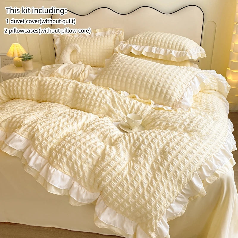 Lace Seersucker Duvet Cover Set with 2 Pillowcases Soft Bedding Set for Bedroom